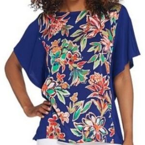 Bob Mackie Navy Floral Flutter-Sleeve Blouse